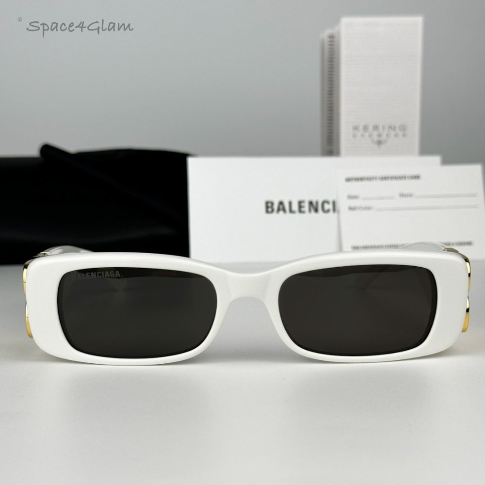 NEW Balenciaga BB0096S 011 White Gold Logo Grey Rectangle Unisex Sunglasses - Picture 5 of 14